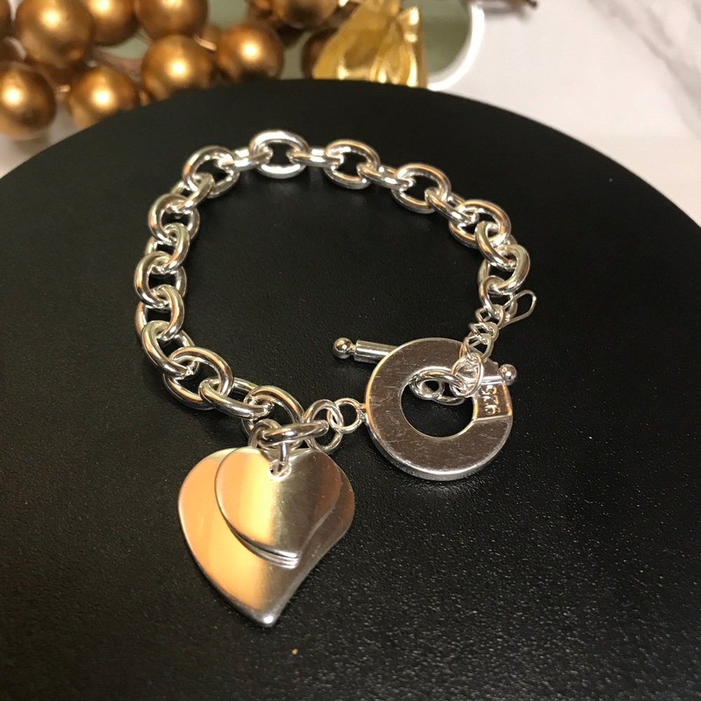 925 Sterling Silver Link Bracelet Heart Pendants Women Sz  8” Toggle Closure